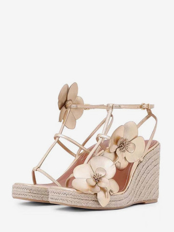 ゴールド レディース ウェッジサンダル プラットフォーム オープントゥ フラワーディテール サンダルシューズ