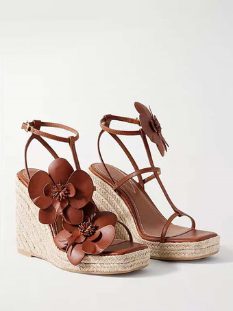 ディープブラウンレディース ウェッジサンダル プラットフォーム オープントゥ フラワーディテール サンダルシューズ