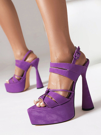 パープル パープルのハイヒールサンダル オープントゥ ストラップサンダル
