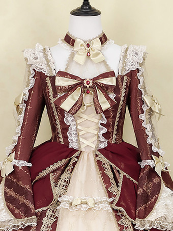 ロリータドレス バロックパレスシリーズ レトロ ワインレッド ゴージャス エレガント ロイヤルドレス スクエアカラー レース リボン 蝶結び