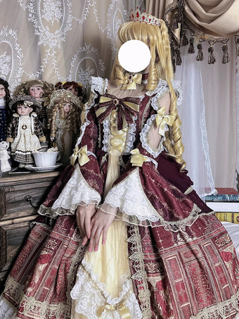 ロリータドレス バロックパレスシリーズ レトロ ワインレッド ゴージャス エレガント ロイヤルドレス スクエアカラー レース リボン 蝶結び