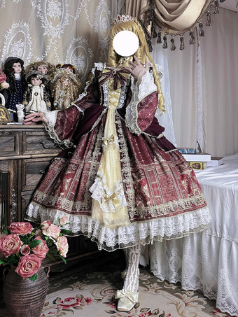 ロリータドレス バロックパレスシリーズ レトロ ワインレッド ゴージャス エレガント ロイヤルドレス スクエアカラー レース リボン 蝶結び