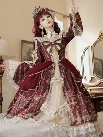 ロリータドレス バロックパレスシリーズ レトロ ワインレッド ゴージャス エレガント ロイヤルドレス スクエアカラー レース リボン 蝶結び