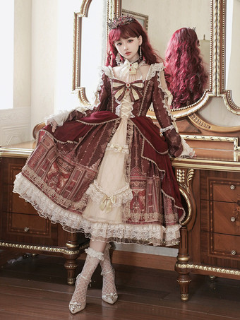 ロリータドレス バロックパレスシリーズ レトロ ワインレッド ゴージャス エレガント ロイヤルドレス スクエアカラー レース リボン 蝶結び