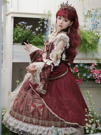 ロリータドレス バロックパレスシリーズ レトロ ワインレッド ゴージャス エレガント ロイヤルドレス スクエアカラー レース リボン 蝶結び