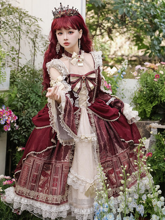 ロリータドレス バロックパレスシリーズ レトロ ワインレッド ゴージャス エレガント ロイヤルドレス スクエアカラー レース リボン 蝶結び
