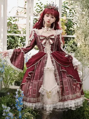ゴスロリ・ロリータ ワインレッドドレス ロリータドレス レトロ ワインレッド ゴージャス エレガント ロイヤル