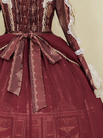 ロリータドレス バロックパレスシリーズ レトロ ワインレッド ゴージャス エレガント ロイヤルドレス スクエアカラー レース リボン 蝶結び