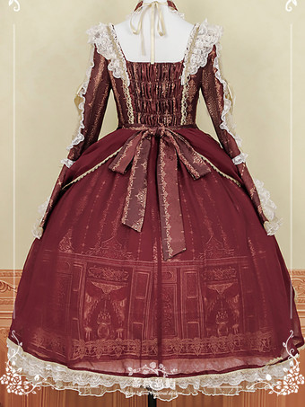 ロリータドレス バロックパレスシリーズ レトロ ワインレッド ゴージャス エレガント ロイヤルドレス スクエアカラー レース リボン 蝶結び