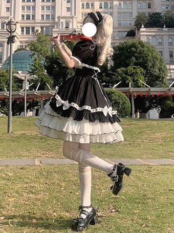 新学期のロリータJSKドレスとスモックのツーピーススーツ、マルチレイヤーフリルボウノットスイートプリンセスロリータJSKドレス