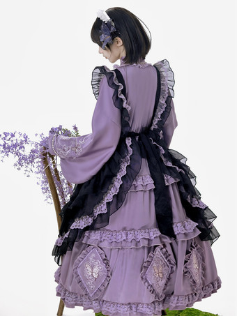 ロリータドレスとエプロンツーピーススーツ パープルの繊細な蝶と花の刺繍 クロスオーバーネックライン ロリータセット ドレス エプロン