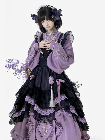 ロリータドレスとエプロンツーピーススーツ パープルの繊細な蝶と花の刺繍 クロスオーバーネックライン ロリータセット ドレス エプロン