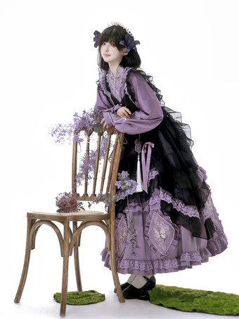 ロリータドレスとエプロンツーピーススーツ パープルの繊細な蝶と花の刺繍 クロスオーバーネックライン ロリータセット ドレス エプロン