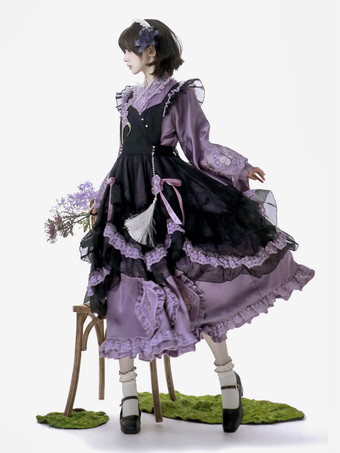 ロリータドレスとエプロンツーピーススーツ パープルの繊細な蝶と花の刺繍 クロスオーバーネックライン ロリータセット ドレス エプロン