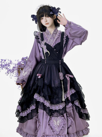 ロリータドレスとエプロンツーピーススーツ パープルの繊細な蝶と花の刺繍 クロスオーバーネックライン ロリータセット ドレス エプロン