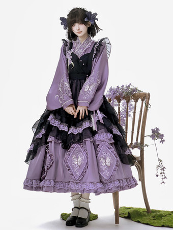 ロリータドレスとエプロンツーピーススーツ パープルの繊細な蝶と花の刺繍 クロスオーバーネックライン ロリータセット ドレス エプロン