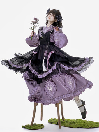 ロリータドレスとエプロンツーピーススーツ パープルの繊細な蝶と花の刺繍 クロスオーバーネックライン ロリータセット ドレス エプロン