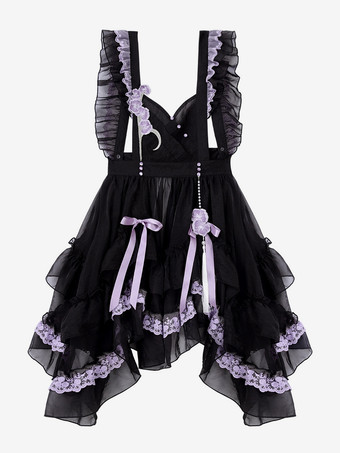 ロリータドレスとエプロンツーピーススーツ パープルの繊細な蝶と花の刺繍 クロスオーバーネックライン ロリータセット ドレス エプロン