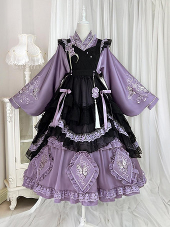 ロリータドレスとエプロンツーピーススーツ パープルの繊細な蝶と花の刺繍 クロスオーバーネックライン ロリータセット ドレス エプロン