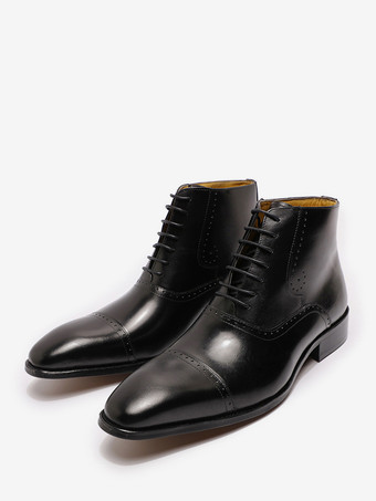 ブラック メンズドレスブーツ ブリティッシュポインテッドトゥ レースアップレザー キャップトゥシューズ