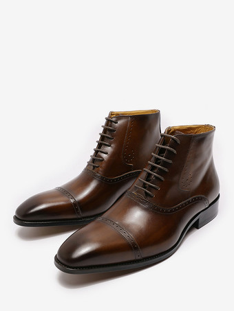 ブラウン メンズドレスブーツ ブリティッシュポインテッドトゥ レースアップレザー キャップトゥシューズ