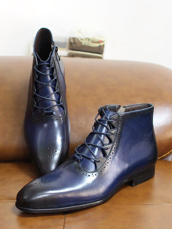 ブルー メンズドレスブーツ ハンドメイド本革アンクルブーツ