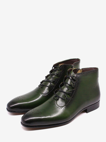 グリーン メンズドレスブーツ ハンドメイド本革アンクルブーツ