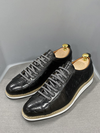 ブラック メンズドレスシューズ クロコダイル柄 レースアップ ハンドメイド本革シューズ