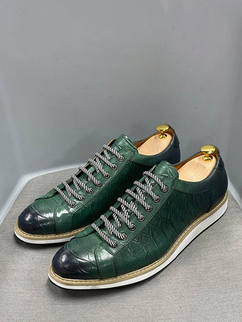 グリーン メンズドレスシューズ クロコダイル柄 レースアップ ハンドメイド本革シューズ