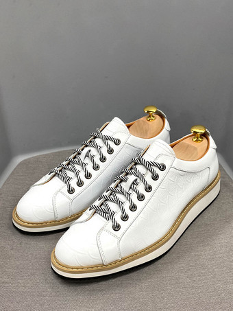 ホワイト メンズドレスシューズ クロコダイル柄 レースアップ ハンドメイド本革シューズ