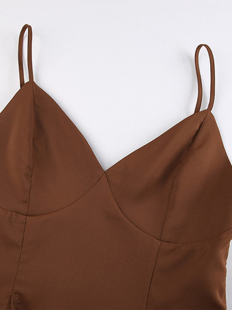 2025年夏向けブラウンVネックキャミソールトップスとストレートレッグパンツの2ピースセット