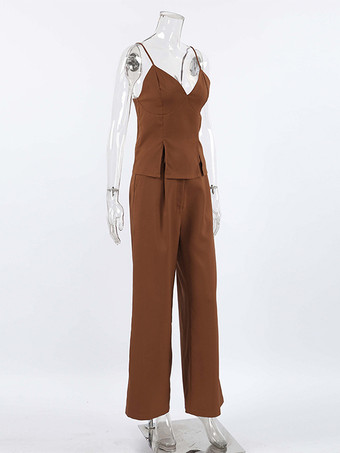 2025年夏向けブラウンVネックキャミソールトップスとストレートレッグパンツの2ピースセット