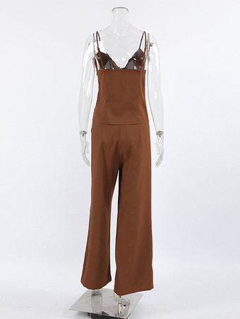 2025年夏向けブラウンVネックキャミソールトップスとストレートレッグパンツの2ピースセット