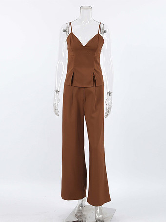 2025年夏向けブラウンVネックキャミソールトップスとストレートレッグパンツの2ピースセット