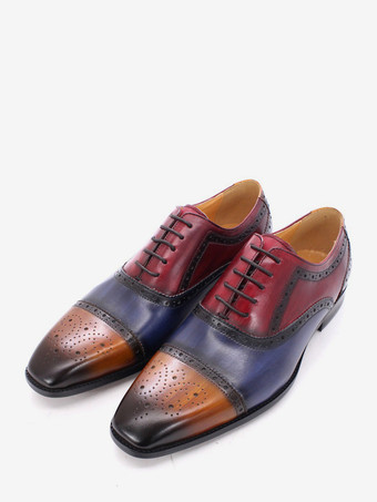 レッド メンズ ブローグ ドレスシューズ レースアップ 本革 カラーブロック オックスフォード