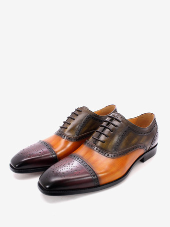 イエローメンズ ブローグ ドレスシューズ レースアップ 本革 カラーブロック オックスフォード
