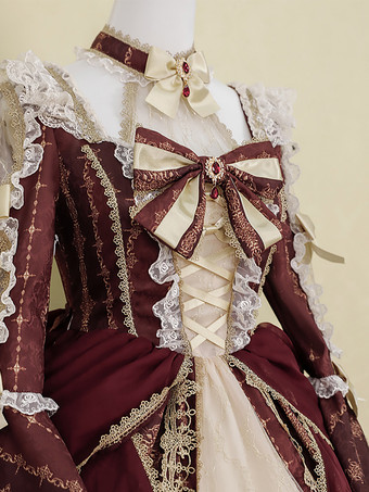 ロリータドレス バロックパレスシリーズ レトロ ワインレッド ゴージャス エレガント ロイヤルドレス スクエアカラー レース リボン 蝶結び