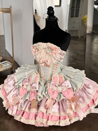 スイートロリータドレス リボンボウ バレエスタイル うさぎ耳ケーキドレス ピンクグリーン フリル ショートドレス