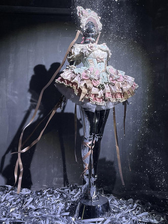 スイートロリータドレス リボンボウ バレエスタイル うさぎ耳ケーキドレス ピンクグリーン フリル ショートドレス