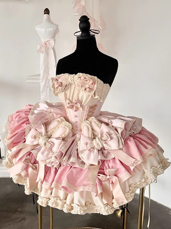 ピンクスイートロリータドレス リボンボウ バレエスタイル うさぎ耳ケーキドレス ピンクグリーン フリル ショートドレス