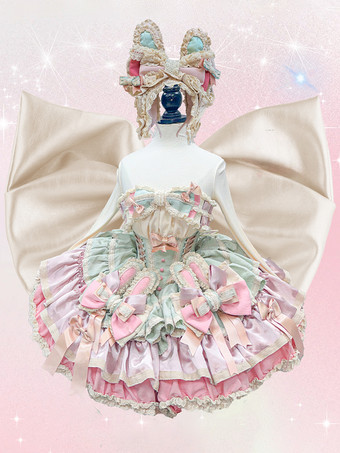 スイートロリータドレス リボンボウ バレエスタイル うさぎ耳ケーキドレス ピンクグリーン フリル ショートドレス