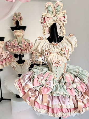 スイートロリータドレス リボンボウ バレエスタイル うさぎ耳ケーキドレス ピンクグリーン フリル ショートドレス