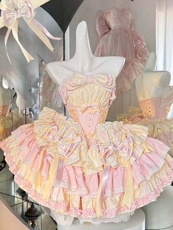 イエロースイートロリータドレス リボンボウ バレエスタイル うさぎ耳ケーキドレス ピンクグリーン フリル ショートドレス