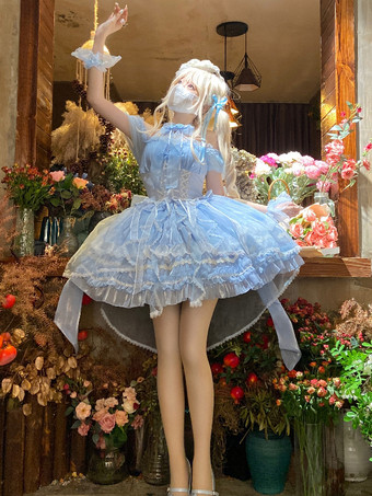 ライトスカイブルースイートロリータJSKドレスグレーズファンタジーノースリーブフリル刺繍蝶結び4色