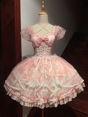 スイートロリータJSKドレスグレーズファンタジーノースリーブフリル刺繍蝶結び4色