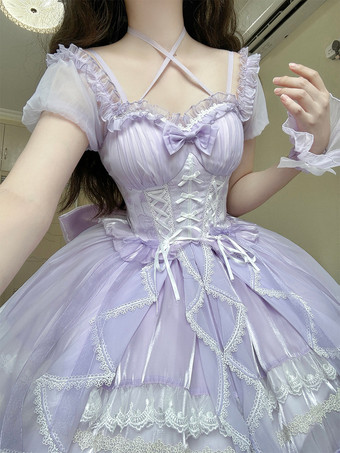 パープル スイートロリータJSKドレスグレーズファンタジーノースリーブフリル刺繍蝶結び4色