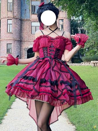 ワインレッド スイートロリータJSKドレスグレーズファンタジーノースリーブフリル刺繍蝶結び4色
