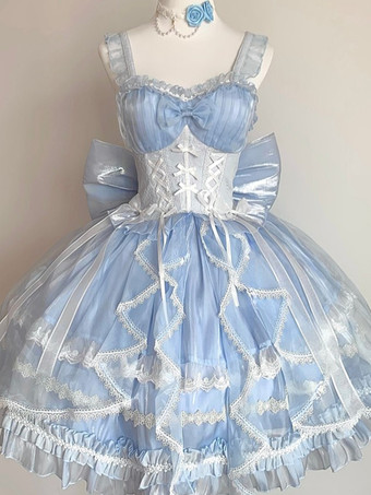 ライトスカイブルースイートロリータJSKドレスグレーズファンタジーノースリーブフリル刺繍蝶結び4色