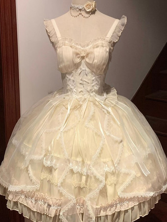 アイボリー スイートロリータJSKドレスグレーズファンタジーノースリーブフリル刺繍蝶結び4色