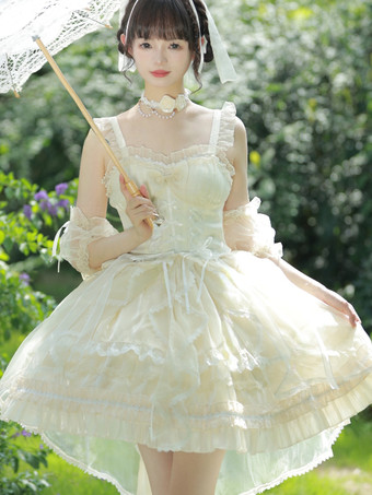 スイートロリータJSKドレスグレーズファンタジーノースリーブフリル刺繍蝶結び4色